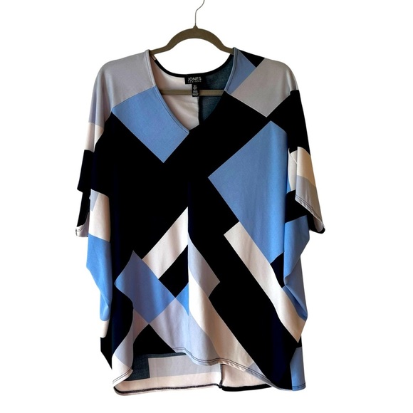 Jones New York Abstract Geo Print Blouse S Blue Black Cream Dolman Sleeve Top - Picture 1 of 10